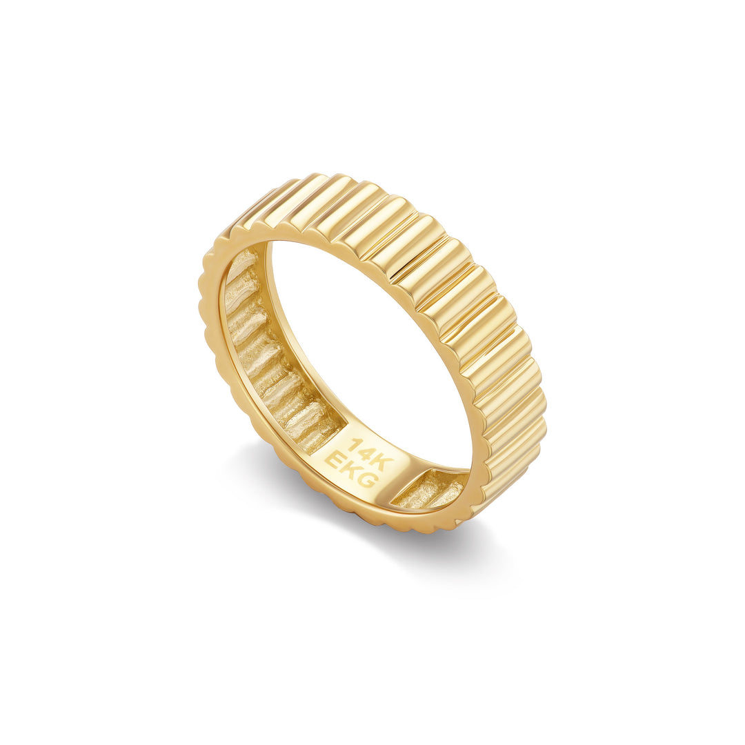 Sol band, solid 14K yellow gold, fluted texture on a domed band, angled, ring — Talismania
