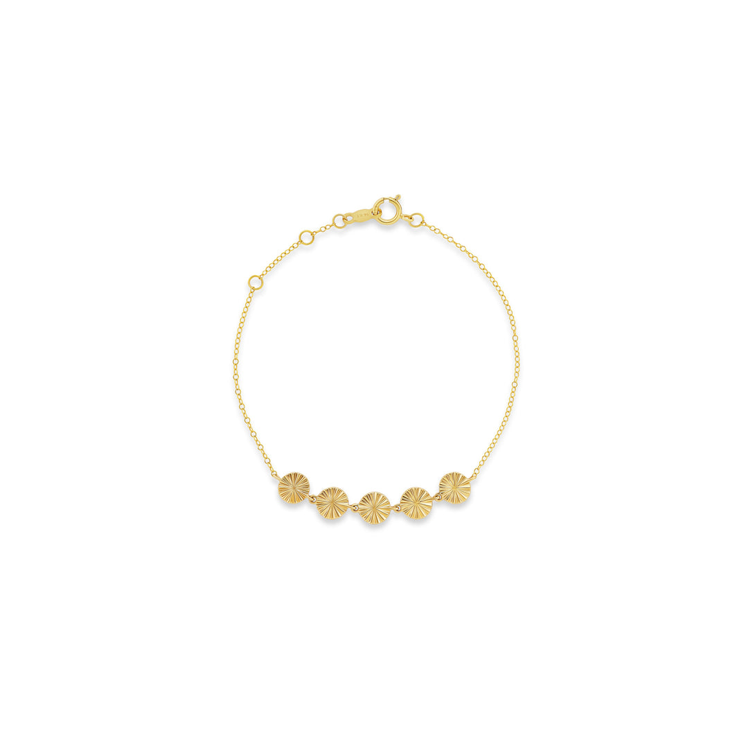 Sol bracelet, solid 14K yellow gold, five fluted gold stations on a cable chain, top, bracelet — Talismania