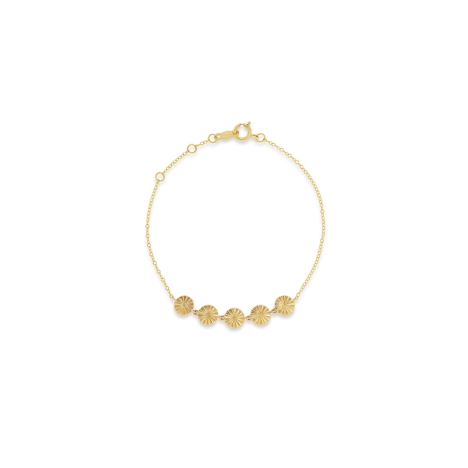 Sol bracelet, solid 14K yellow gold, five fluted gold stations on a cable chain, top, bracelet — Talismania