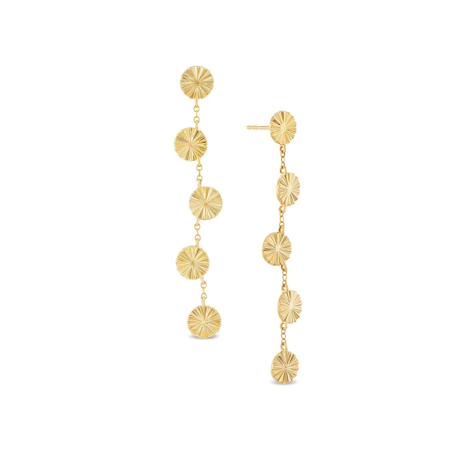 Sol drop earrings, solid 14K yellow gold, five linked fluted gold stations per earring, pair, earrings — Talismania