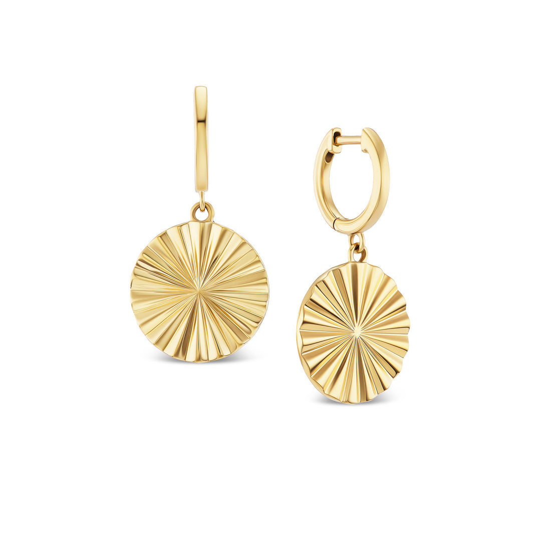 Sol huggie earrings, solid 14K yellow gold, fluted disc drops on hinged huggie hoops, pair, earrings — Talismania