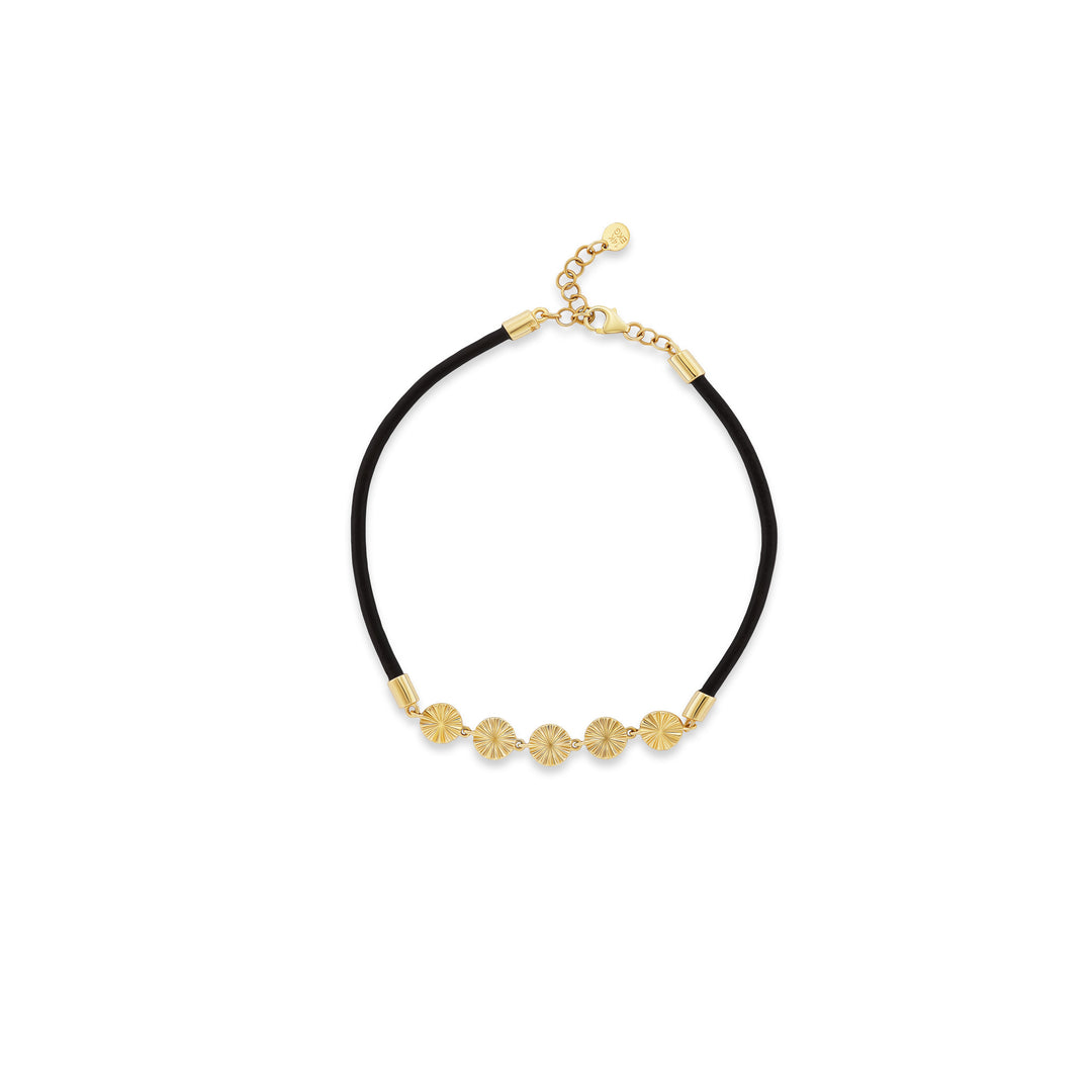 Sol leather bracelet, five fluted stations in solid 14K yellow gold on a leather cord, top, bracelet — Talismania