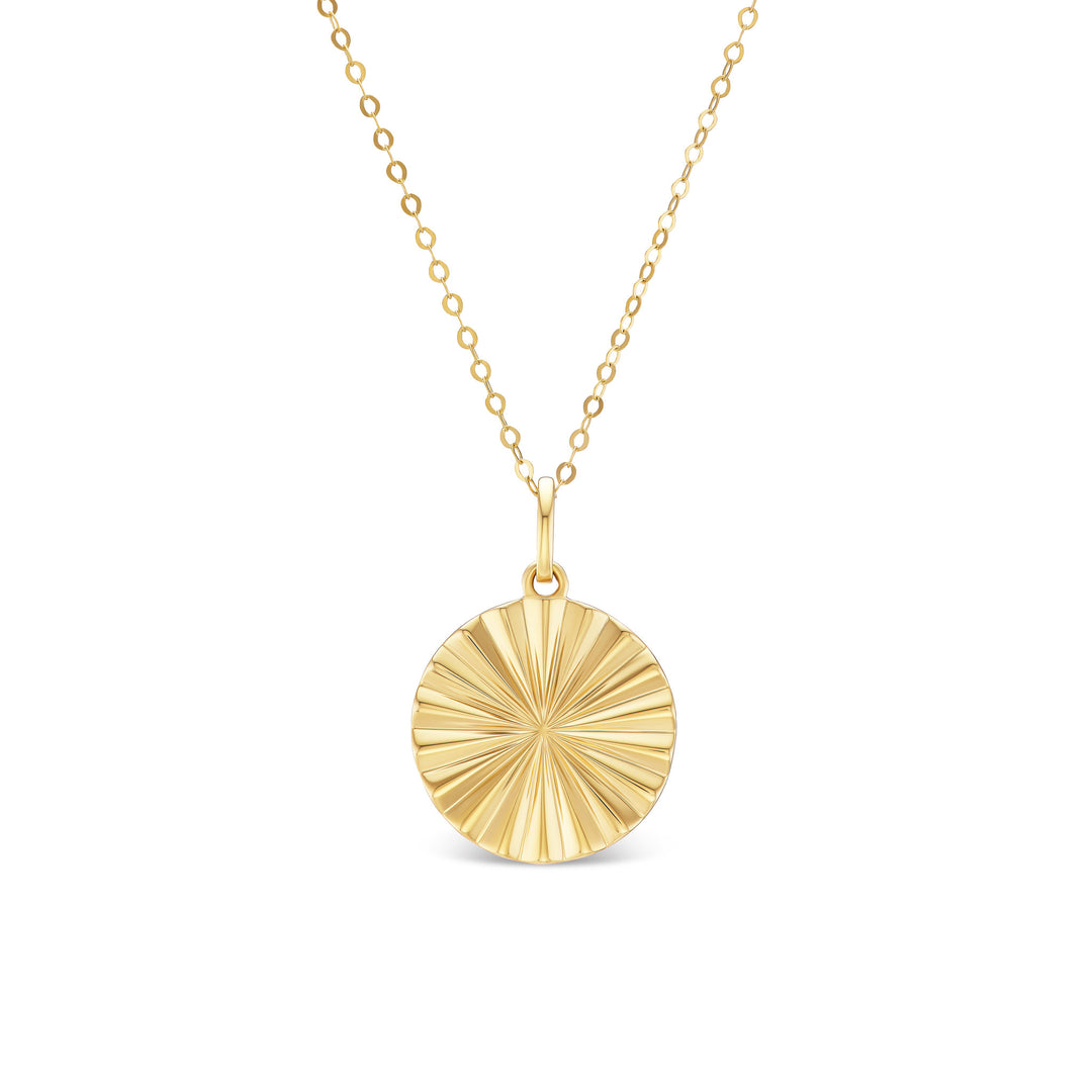 Sol pendant, solid 14K yellow gold, fluted disc on a cable chain, front, necklace — Talismania