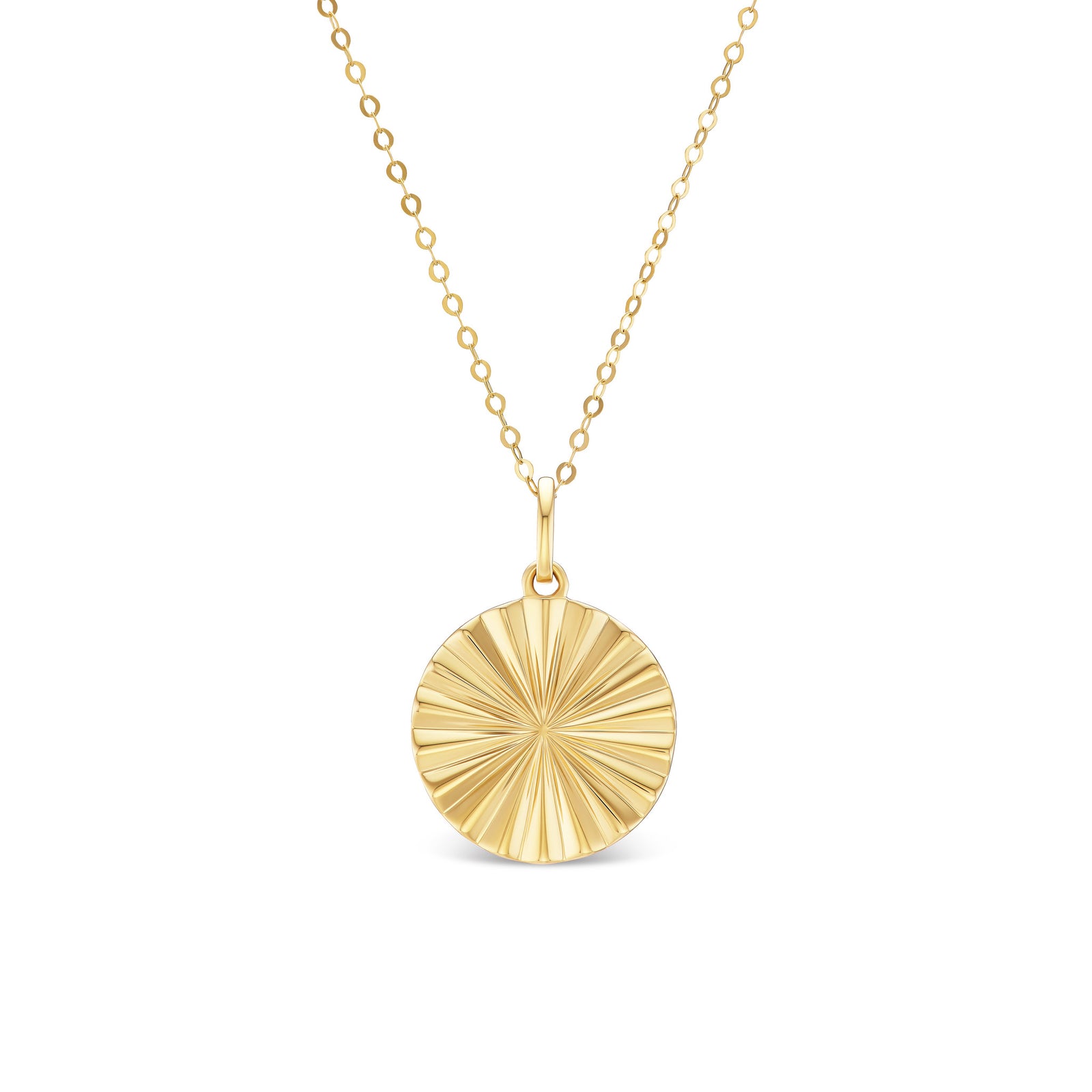 Sol pendant, solid 14K yellow gold, fluted disc on a cable chain, front, necklace — Talismania