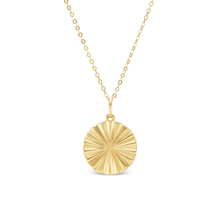 Sol pendant, solid 14K yellow gold, fluted disc on a cable chain, front, necklace — Talismania