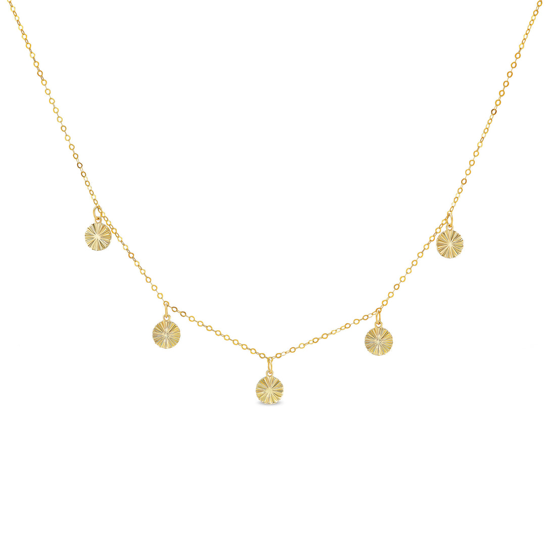 Sol station necklace, solid 14K yellow gold, five fluted gold stations on a cable chain, front, necklace — Talismania