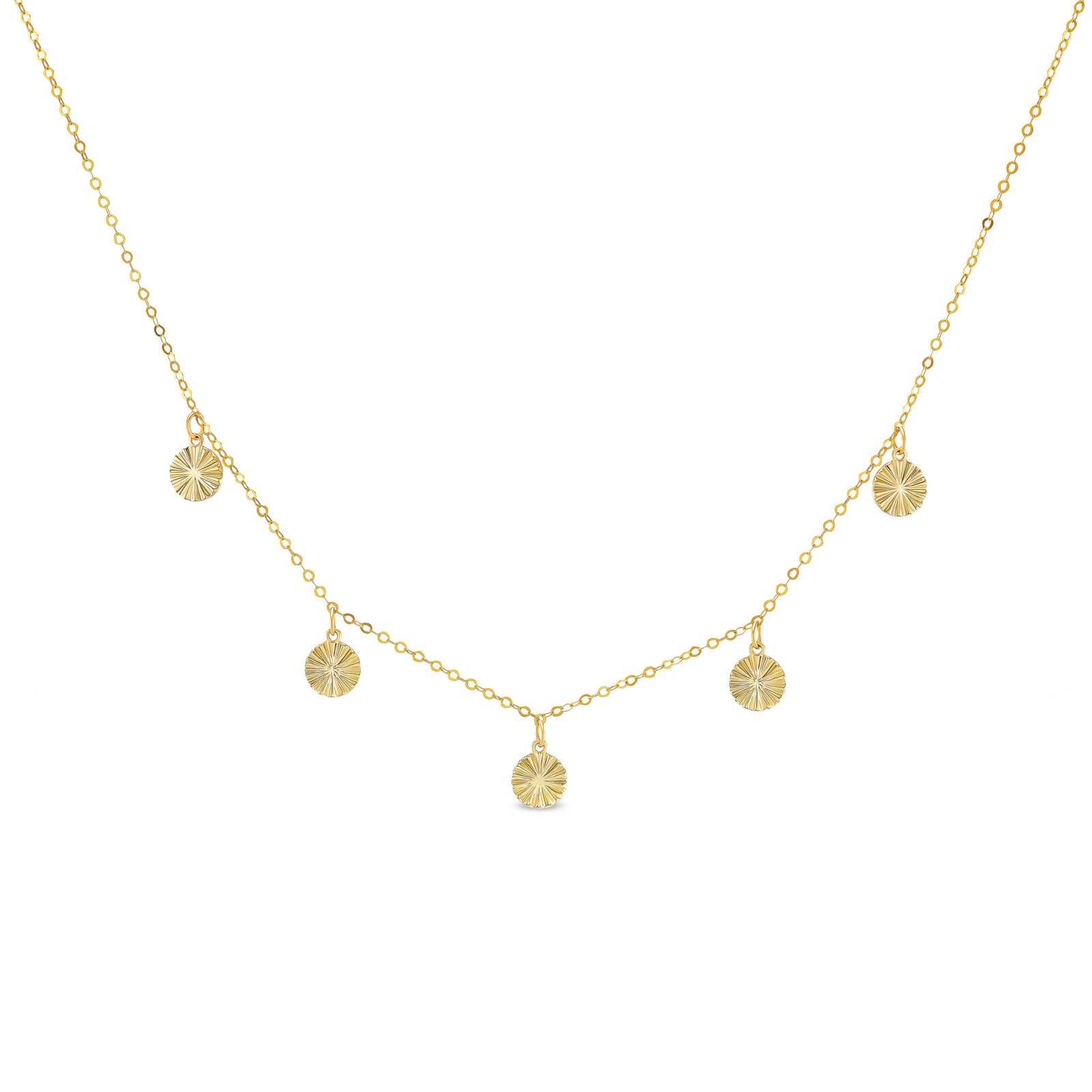 Sol station necklace, solid 14K yellow gold, five fluted gold stations on a cable chain, front, necklace — Talismania