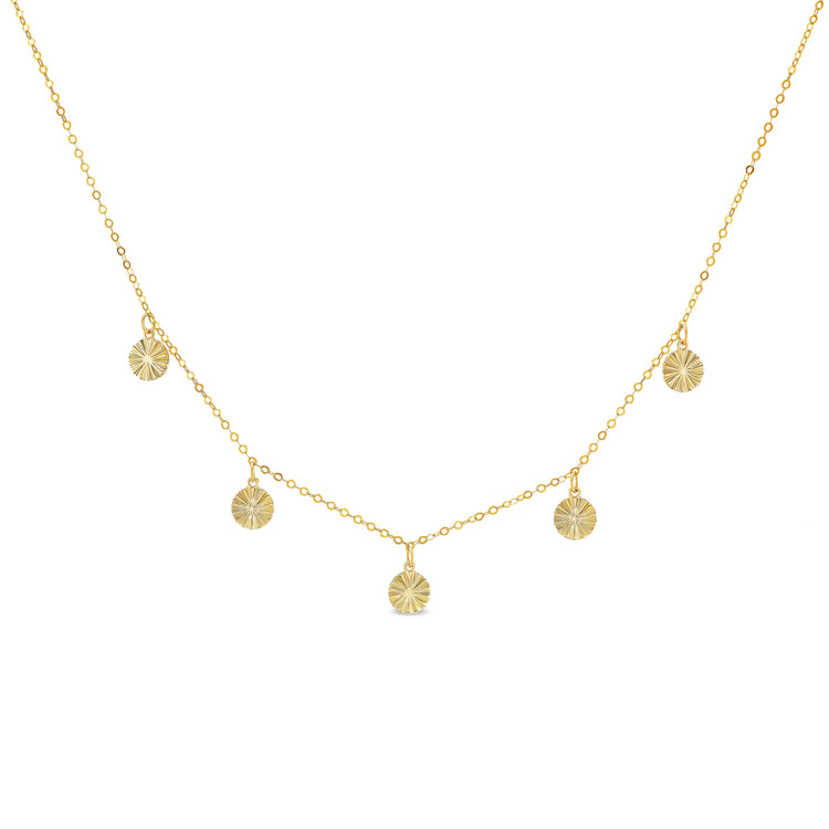 Sol station necklace, solid 14K yellow gold, five fluted gold stations on a cable chain, front, necklace — Talismania