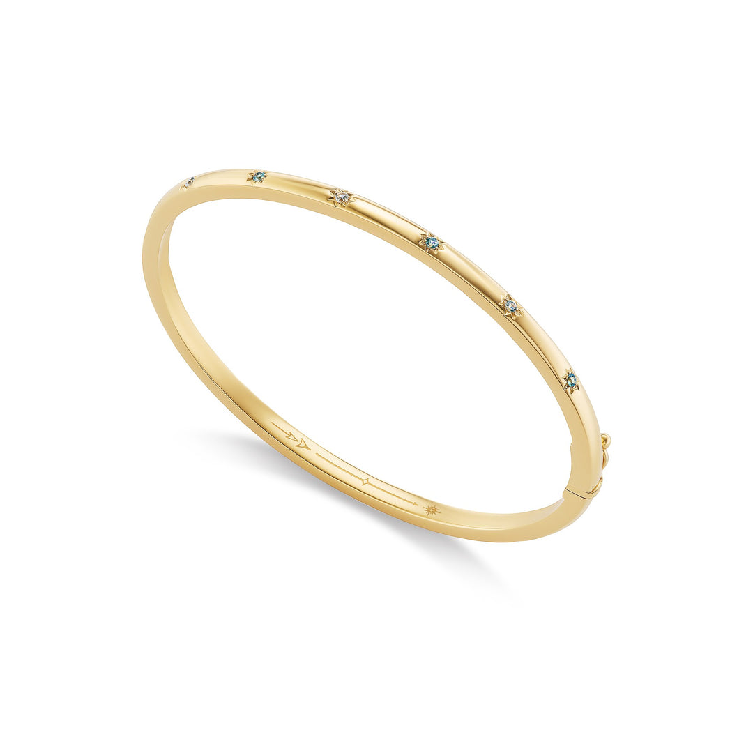Starlight bangle, solid 14K yellow gold, Montana sapphires, angled, bracelet — Talismania