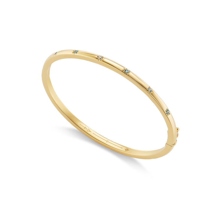 Starlight bangle, solid 14K yellow gold, Montana sapphires, angled, bracelet — Talismania