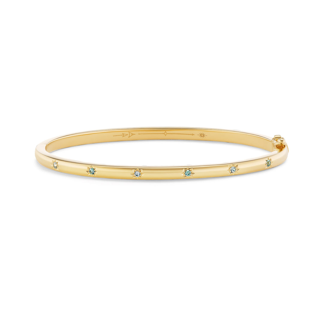 Starlight bangle, solid 14K yellow gold, Montana sapphires, front, bracelet — Talismania