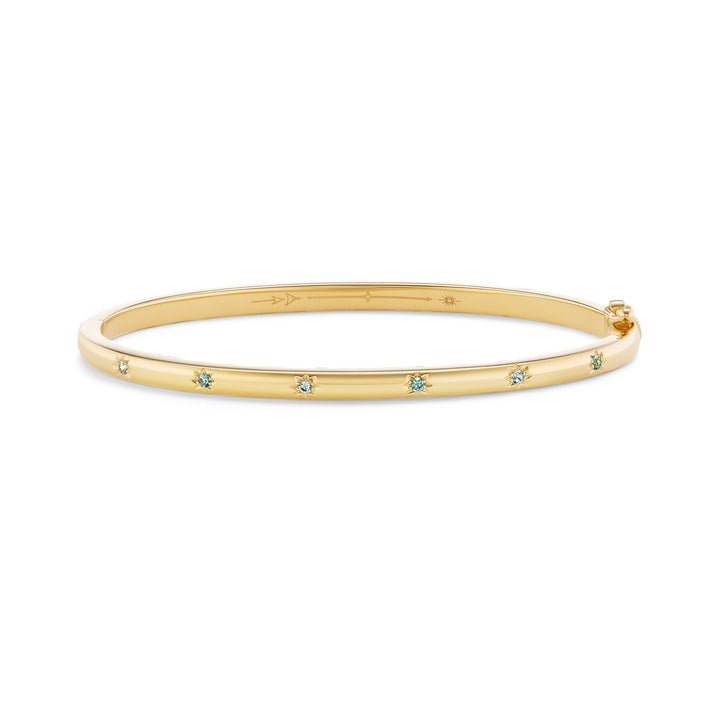 Starlight bangle, solid 14K yellow gold, Montana sapphires, front, bracelet — Talismania
