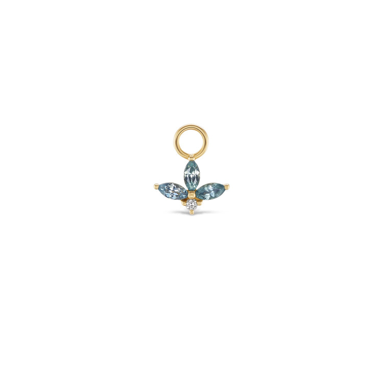 Vesper huggie charm, solid 14K yellow gold, Montana sapphire, front, earring charm — Talismania