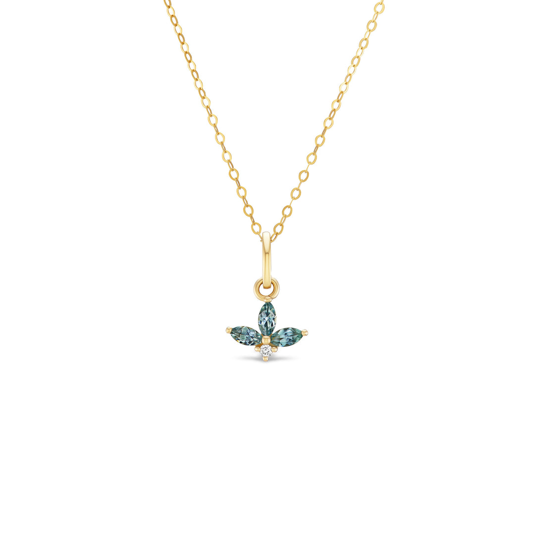 Vesper pendant, solid 14K yellow gold, three marquise denim blue Montana sapphires with a round diamond, front, necklace — Talismania