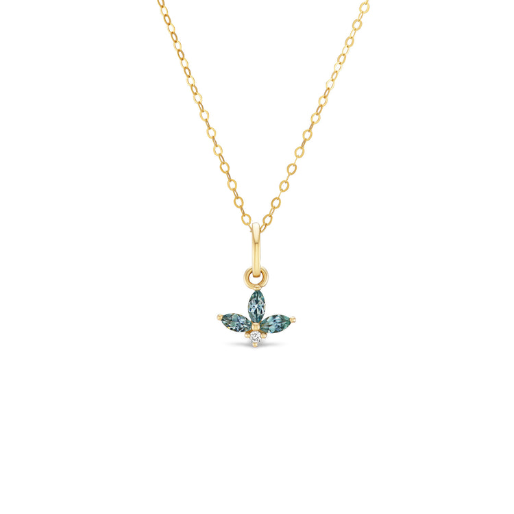 Vesper pendant, solid 14K yellow gold, three marquise denim blue Montana sapphires with a round diamond, front, necklace — Talismania