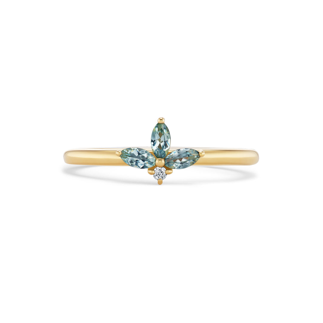 Vesper ring, solid 14K yellow gold, three marquise denim blue Montana sapphires with a round diamond, front, ring — Talismania