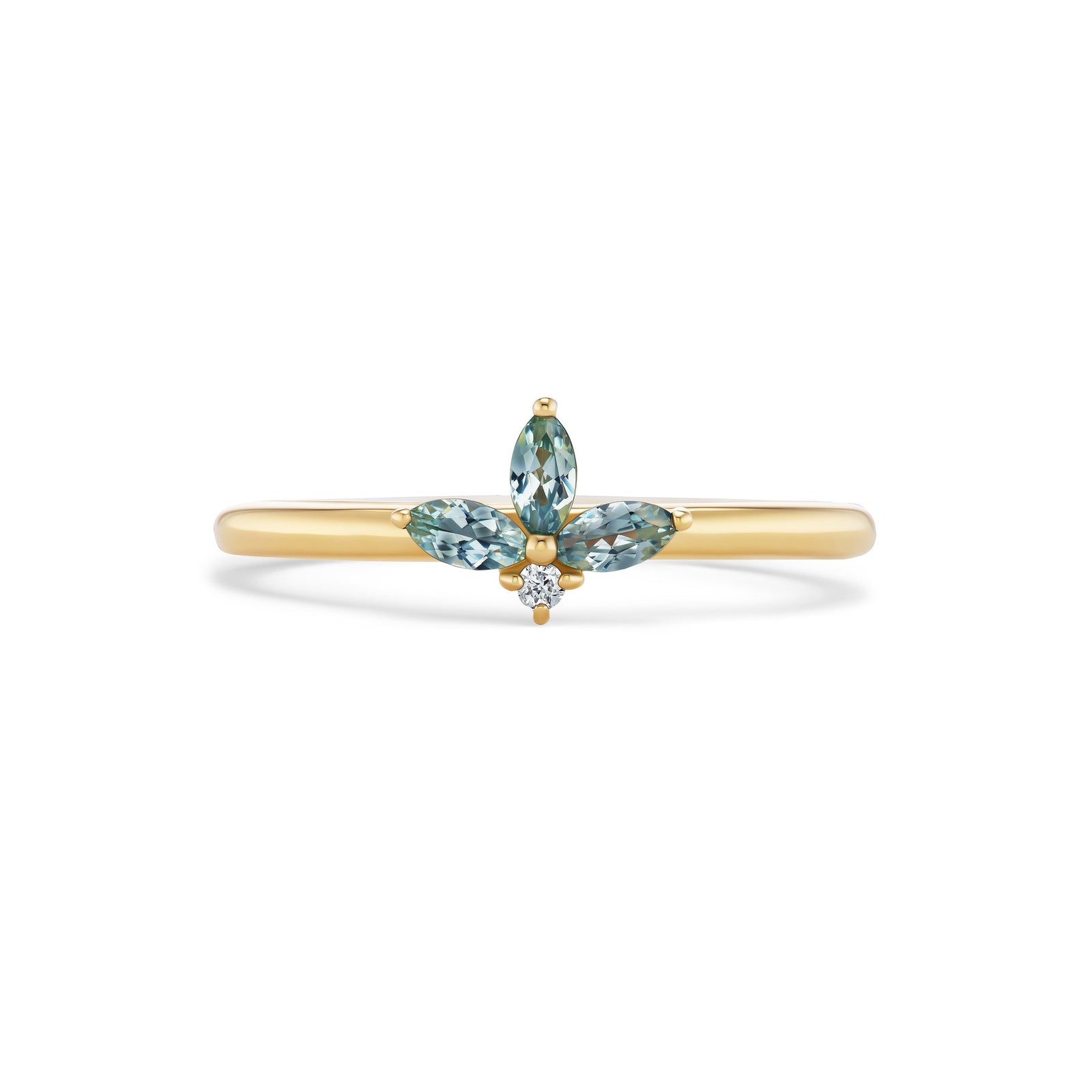 Vesper ring, solid 14K yellow gold, three marquise denim blue Montana sapphires with a round diamond, front, ring — Talismania