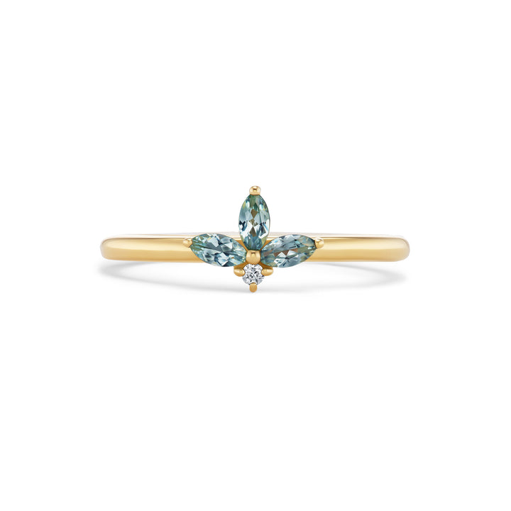 Vesper ring, solid 14K yellow gold, three marquise denim blue Montana sapphires with a round diamond, front, ring — Talismania