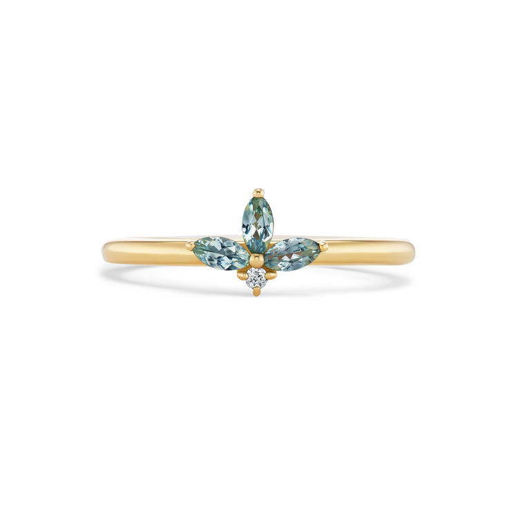 Vesper ring, solid 14K yellow gold, three marquise denim blue Montana sapphires with a round diamond, front, ring — Talismania