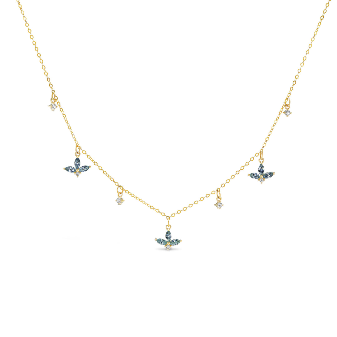 Vesper station necklace, solid 14K yellow gold, nine marquise denim blue Montana sapphires with round diamonds between the stations, front, necklace — Talismania