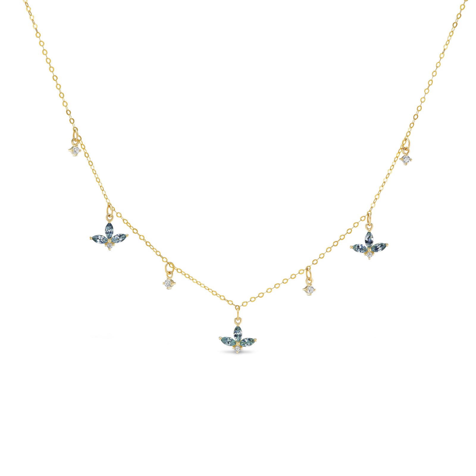 Vesper station necklace, solid 14K yellow gold, nine marquise denim blue Montana sapphires with round diamonds between the stations, front, necklace — Talismania