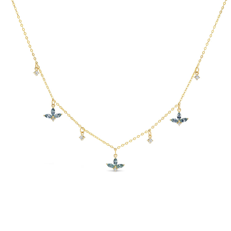 Vesper station necklace, solid 14K yellow gold, nine marquise denim blue Montana sapphires with round diamonds between the stations, front, necklace — Talismania