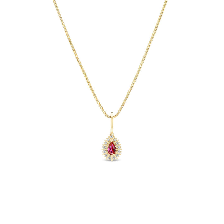 Gold necklace with a red gemstone pendant on a white background