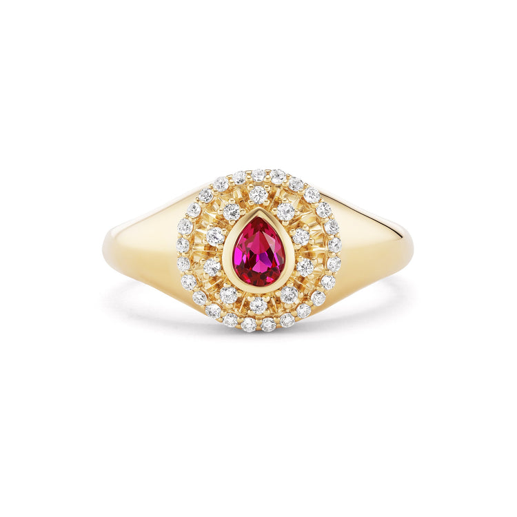 Wildfire signet ring, solid 14K yellow gold, lab-created ruby, front, ring — Talismania