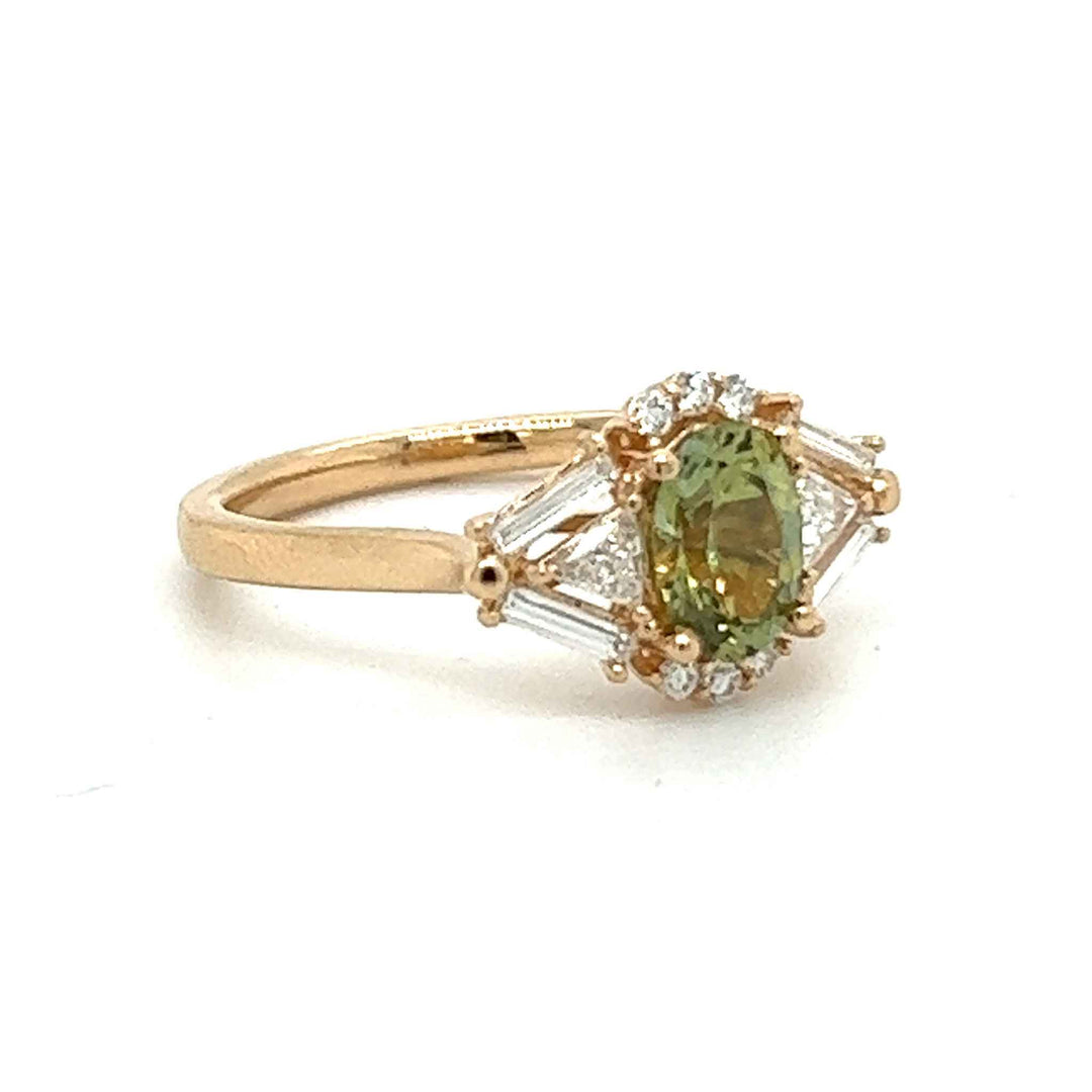 Zelda ring, solid 14K yellow gold, Montana sapphire with baguette and triangle natural diamonds, side angle, ring — Talismania