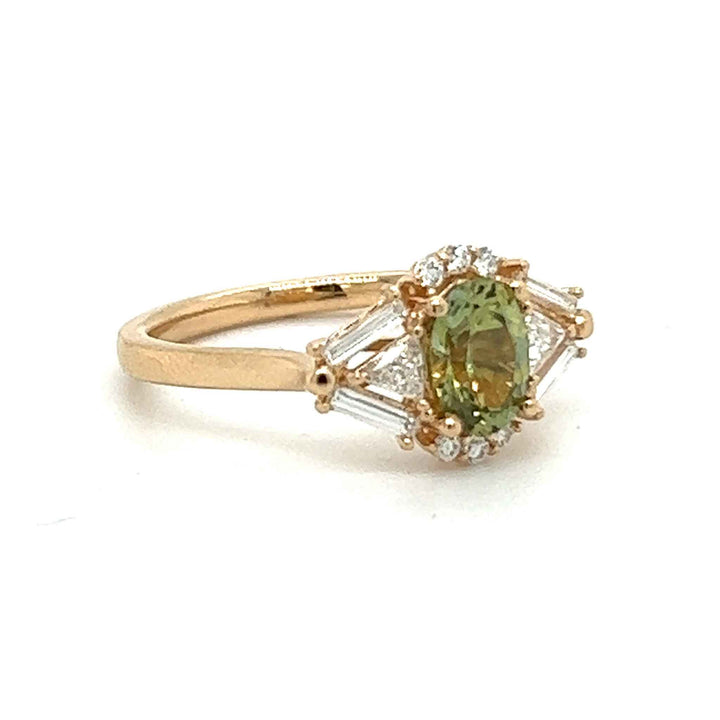 Zelda ring, solid 14K yellow gold, Montana sapphire with baguette and triangle natural diamonds, side angle, ring — Talismania
