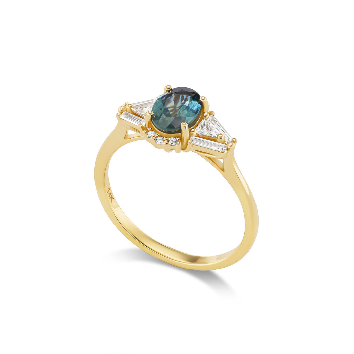 Zelda ring, solid 14K yellow gold, blue-green Montana sapphire and natural diamonds, angled, ring — Talismania