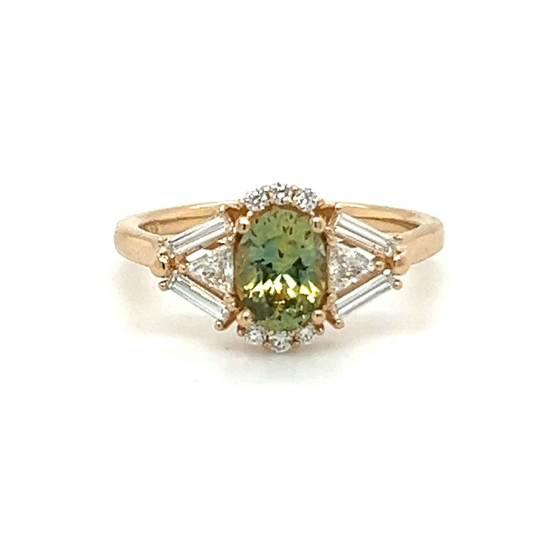 Zelda ring, solid 14K yellow gold, Montana sapphire with baguette and triangle natural diamonds, front, ring — Talismania
