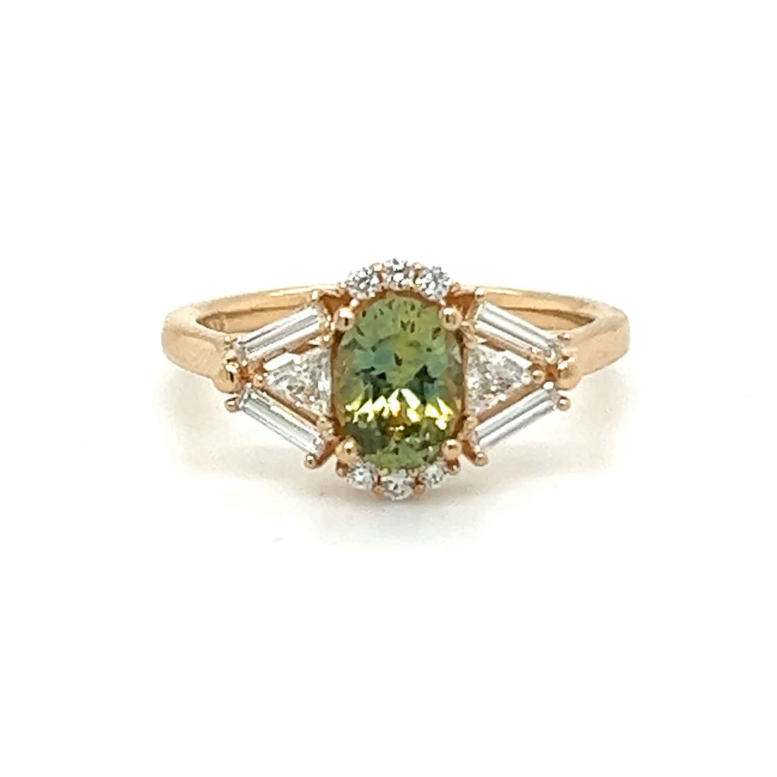 Zelda ring, solid 14K yellow gold, Montana sapphire with baguette and triangle natural diamonds, front, ring — Talismania