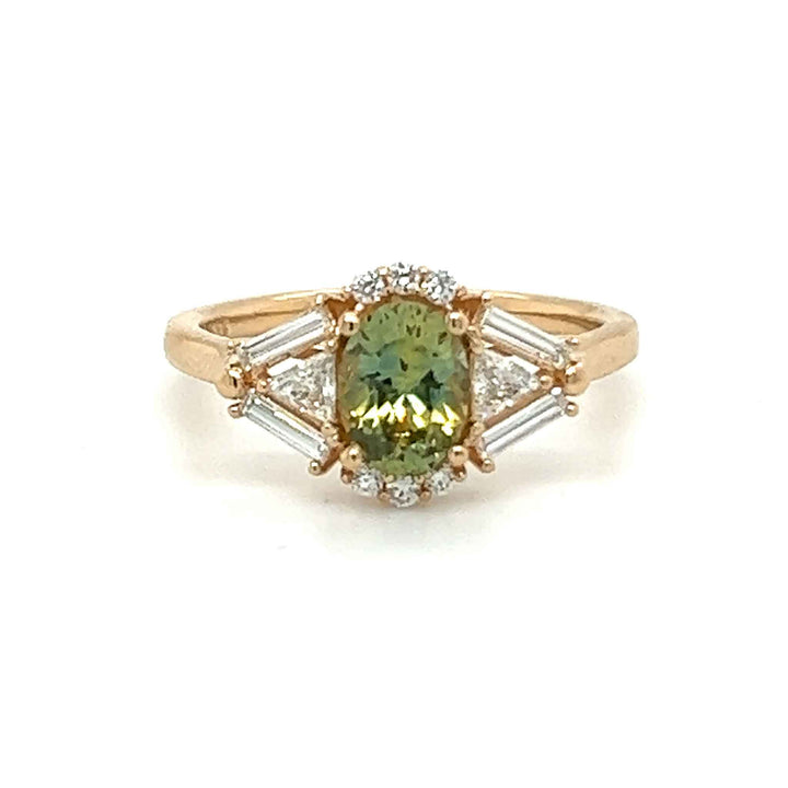 Zelda ring, solid 14K yellow gold, Montana sapphire with baguette and triangle natural diamonds, front, ring — Talismania