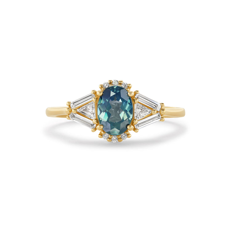 Zelda ring, solid 14K yellow gold, blue-green Montana sapphire and natural diamonds, front, ring — Talismania